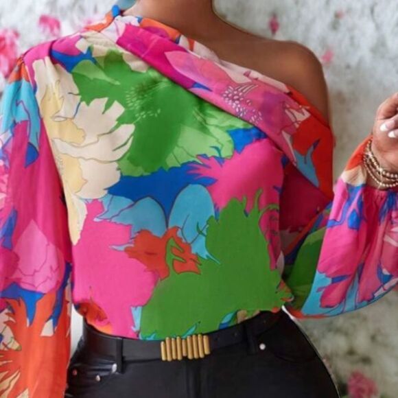 SHEIN NEW BOHOFLORAL PRINT ASYMMETRICAL NECK LANTERN SLEEVES BLOUSE TOP HOT PINK - Picture 3 of 7